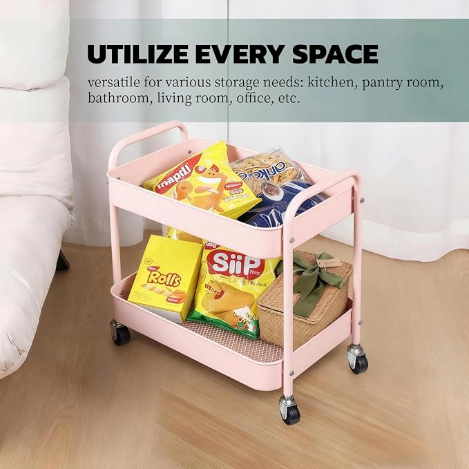 2 Tier Rolling Cart Metal with Wheels Under Desk Storage Cart - Image 6