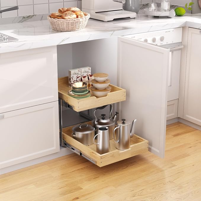 Wood Pull Out Cabinet Organizer 2 Tie 14" W x 21" D, Heavy-Duty Sliding Drawers - Image 4