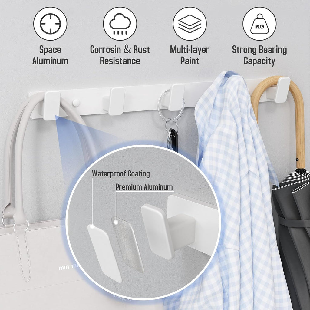 White Coat Rack Wall Hooks for Hanging Heavy Duty Door Hooks with 5