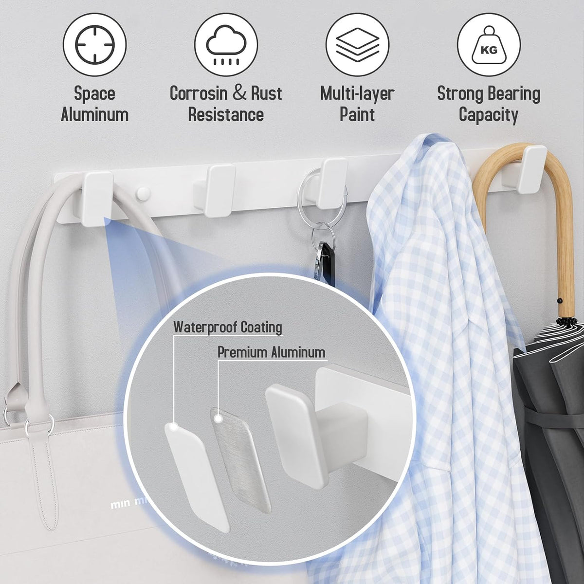 White Coat Rack Wall Hooks for Hanging Heavy Duty Door Hooks with 5