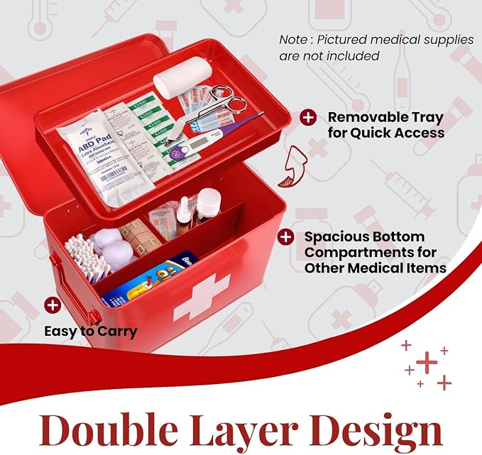 Flexzion First Aid Box Organizer Empty 13" Red Vintage First Aid Kit Tin Metal - Image 5