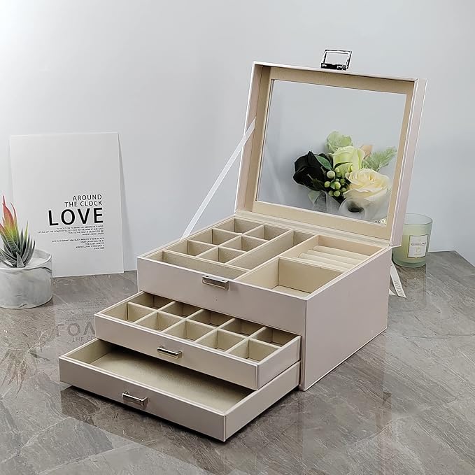 Clear Lid Jewelry Box, 3 Layers Jewelry Organizer Large Multi-Functional - Image 8