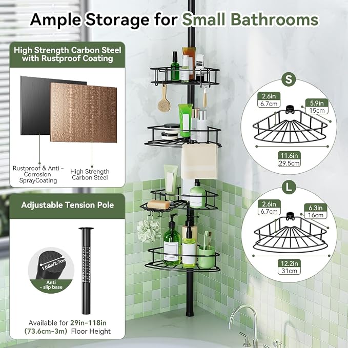 Corner Shower Caddy Tension Pole-4 Tier Adjustable Bathroom Shower Organizer - Image 2