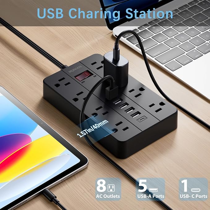 Power Strip Surge Protector, HUNIAN Flat Plug 10 Ft Long Extension Cord - Image 2