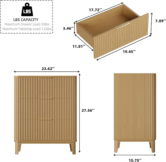 3 Drawer Fluted Dresser for Bedroom Set of 2, Modern Curved Closet Dressers - Image 2