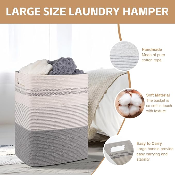 Laundry Hamper, Large Woven Rope Tall Laundry Basket - Image 3