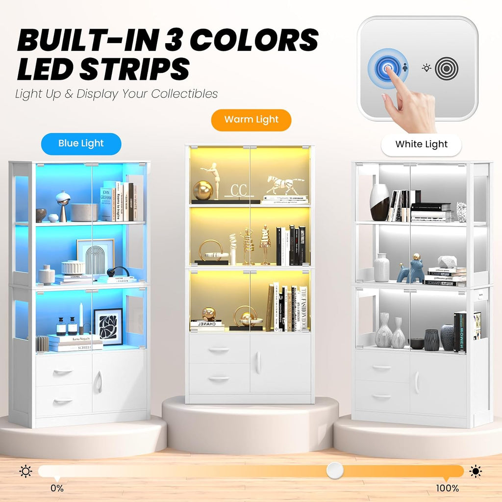 Display Cabinet with Glass Doors and 2 Drawers, 3-Color Lights, White