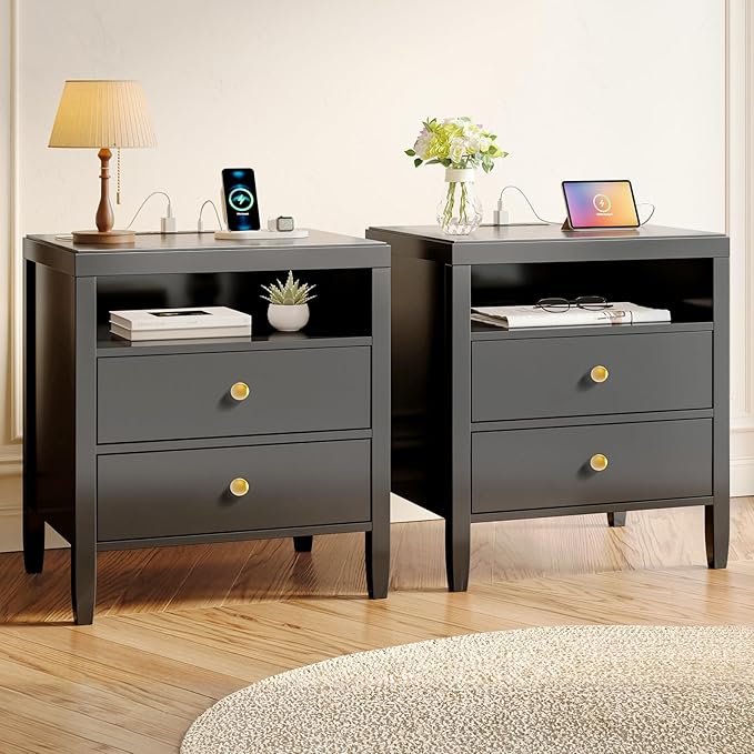 Huuger Black Nightstand Set of 2, Night Stand by Huuger