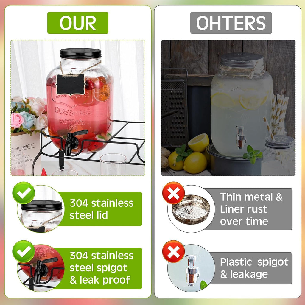 Lallisa 2 Pcs 2 Gallon Glass Drink Dispenser with Stand Ice Cylinder