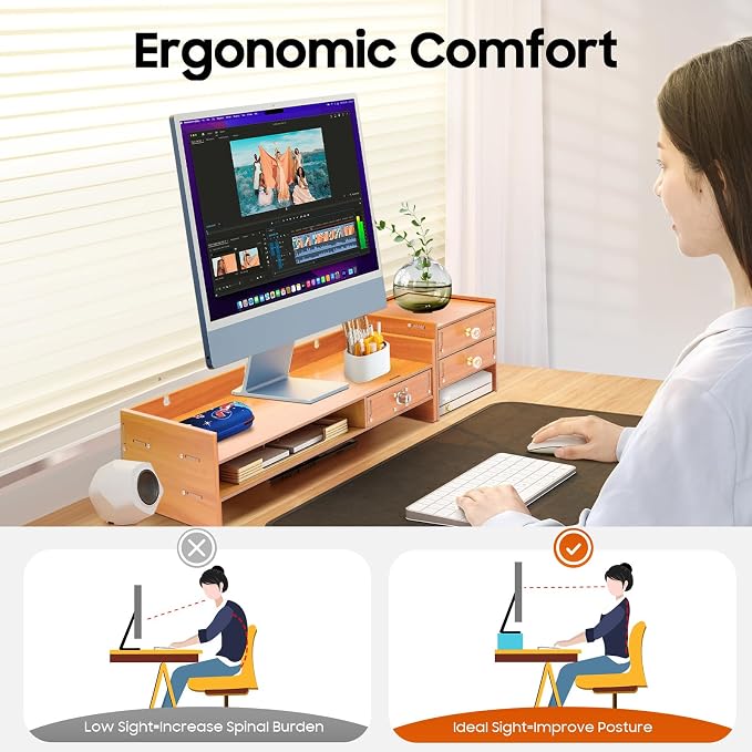 Wood Monitor Stand With Drawers, Desk Organizer With Lockable Drawer & Phone - Image 2