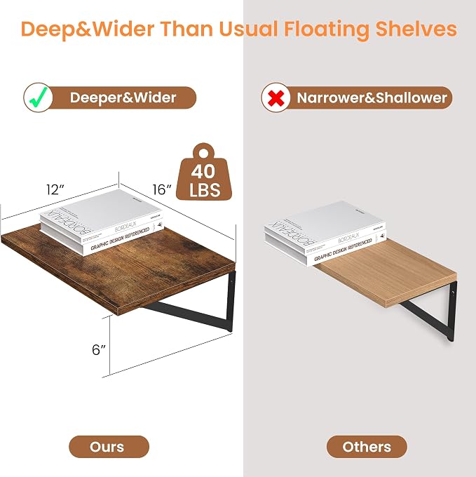 Heimlove Deep Floating Shelves for Wall, 16W x 12D Wood Wall Shelves Set of 2 - Image 3