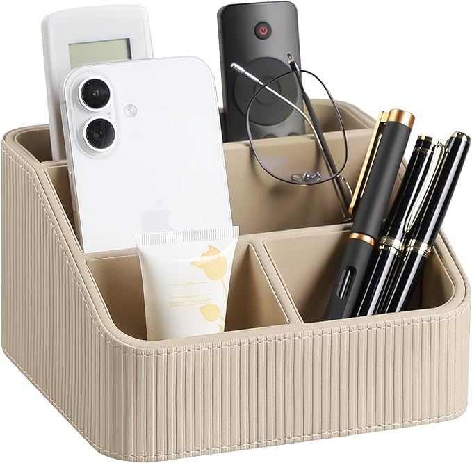 Remote Control Holder with 4 Compartments, PU Leather Small Nightstand Organizer by Cretkhp