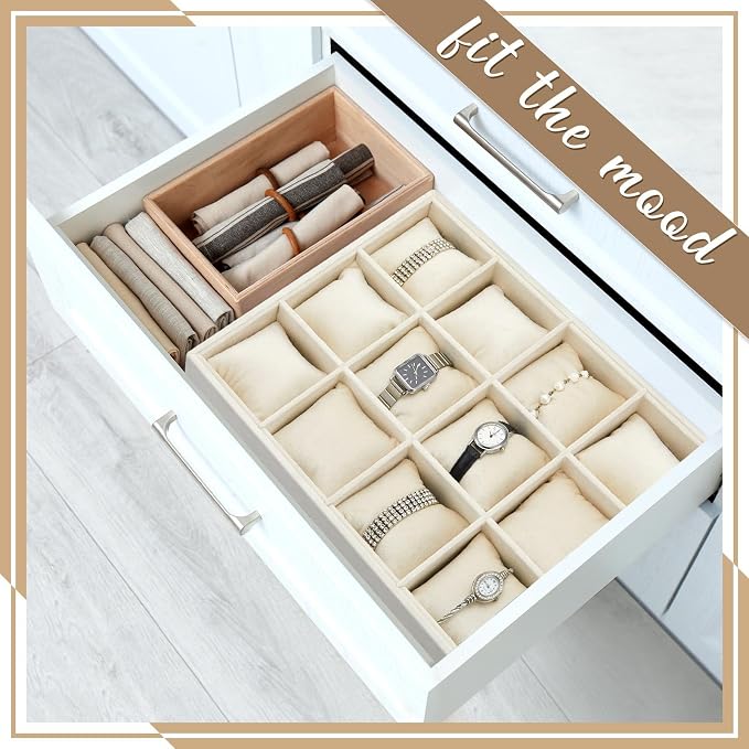 Henoyso 2 Pieces 12 Grid Velvet Watch Tray Jewelry Organizer Stackable Watch - Image 6
