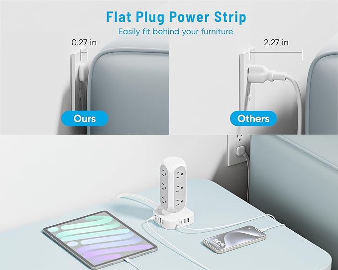 Flat Plug Power Strip Tower, 40W Total Fast Charging Station, Dual PD 20W USB-C - Image 4