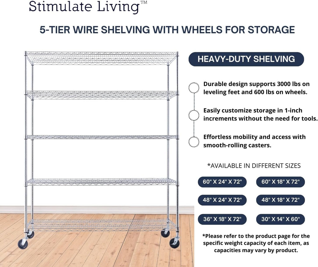 60"x24"x72" Heavy Duty Chrome Wire Shelving Unit, 5-Tier NSF Certified