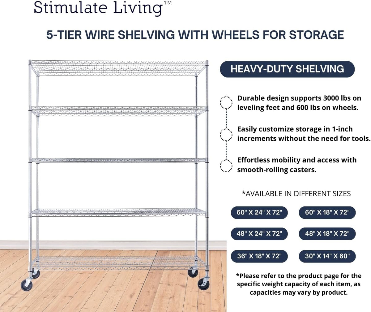 60"x24"x72" Heavy Duty Chrome Wire Shelving Unit, 5-Tier NSF Certified