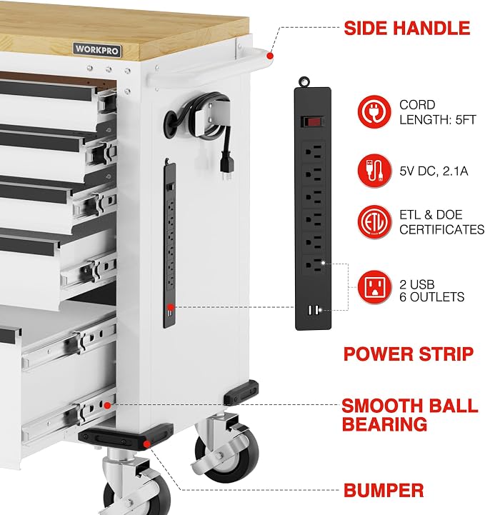 WORKPRO 52" x 20" 5-Drawer & 1-Door Rolling Tool Chest, Heavy Duty Tool Chest - Image 5