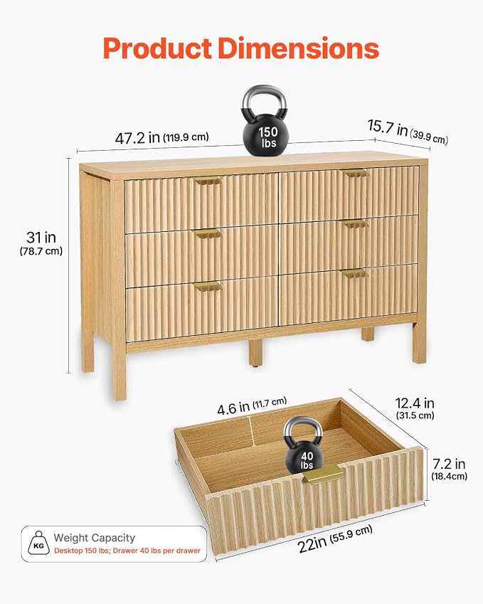 VEVOR Fluted Dresser with 6 Drawer, Modern Closet Dresser TV Stand, Boho Wood - Image 3