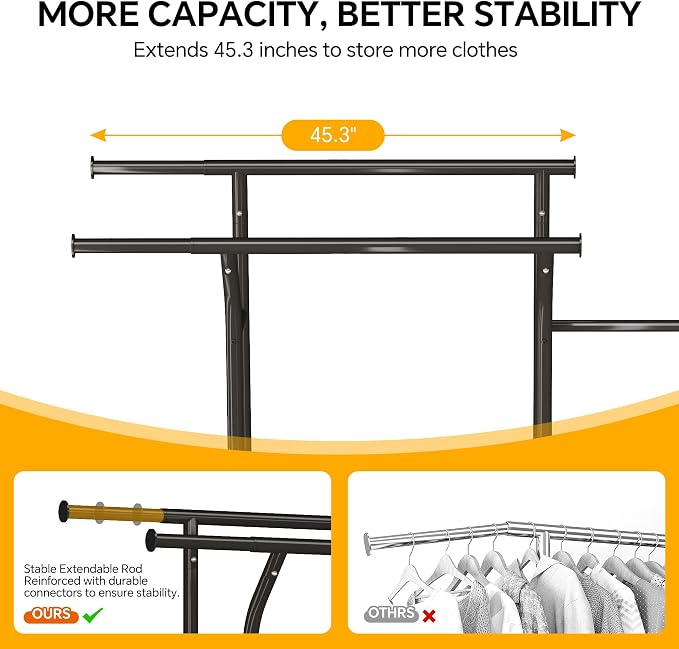 Homeiju Heavy Duty Clothes Rack Load 500LBS, Three Rods Clothing Racks - Image 3