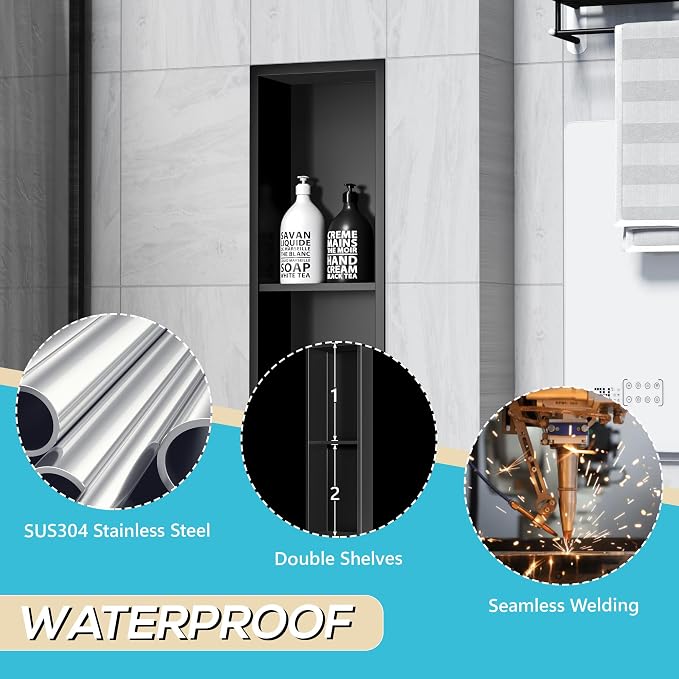Stainless Steel Shower Niche 24" X 8", No-Tile Needed Wall Niche Double Shelves - Image 5