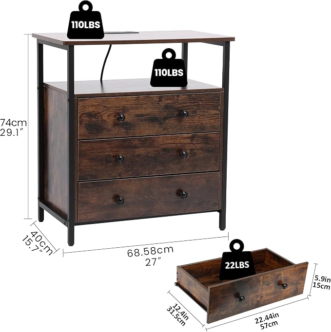 3 Wooden Drawers Night Stand, 27 Inch Wide Nightstand - Image 3