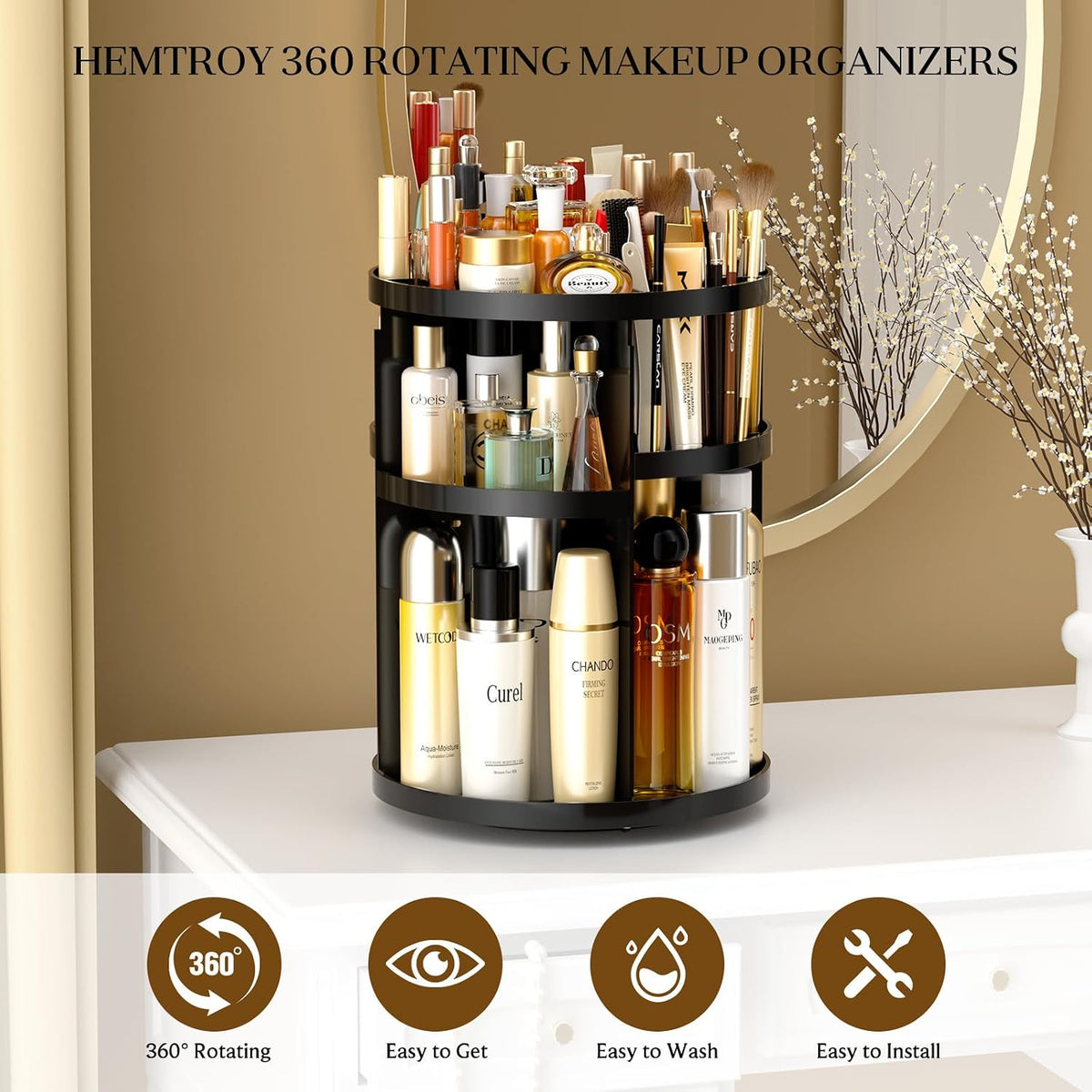 Makeup Organizer 360 rotating, Adjustable Skincare Organizers with