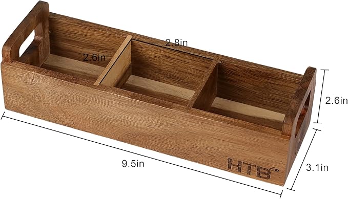 HTB Small Tea Bag Box Wooden, 3 Compartments Acacia Wood Tea Bag Chest - Image 2