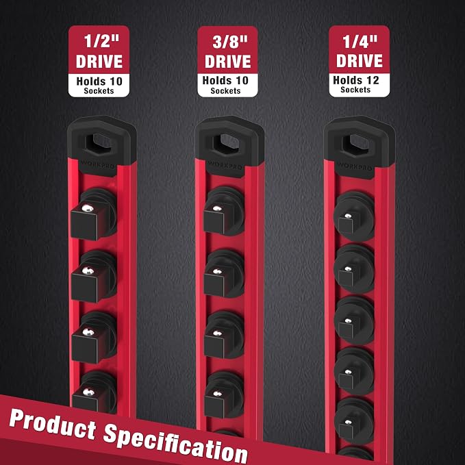 WORKPRO Magnetic Socket Organizer Set, 3-Piece Aluminum Alloy Socket Rail - Image 8