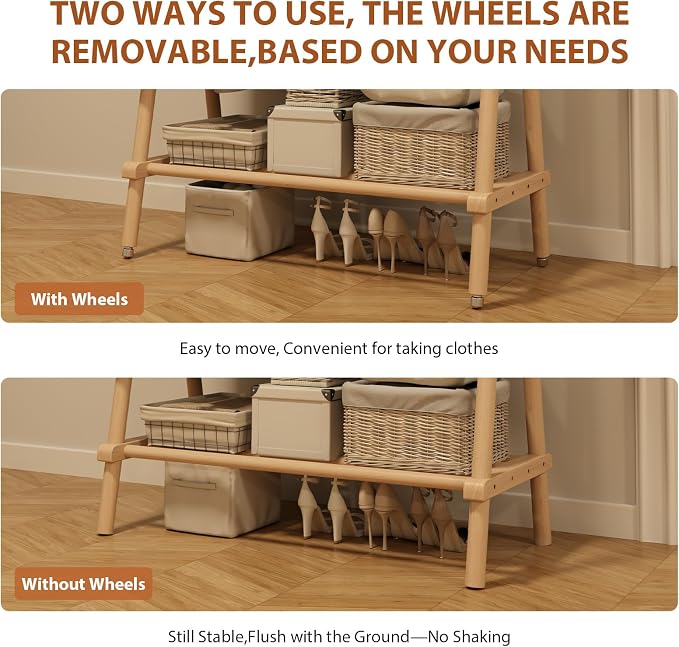 Solid Wood Clothing Rack, Rolling Clothes Rack - Image 5