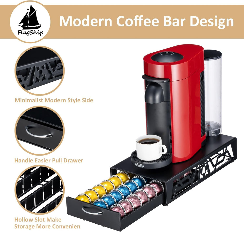 FlagShip Vertuo Pod Drawer Modern Black Metal Coffee Capsule Organizer
