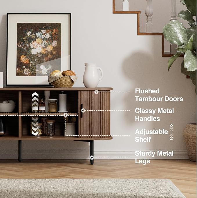 55''W Walnut Cabinet with Storage, Media Console, Tambour TV Stand, Television - Image 7