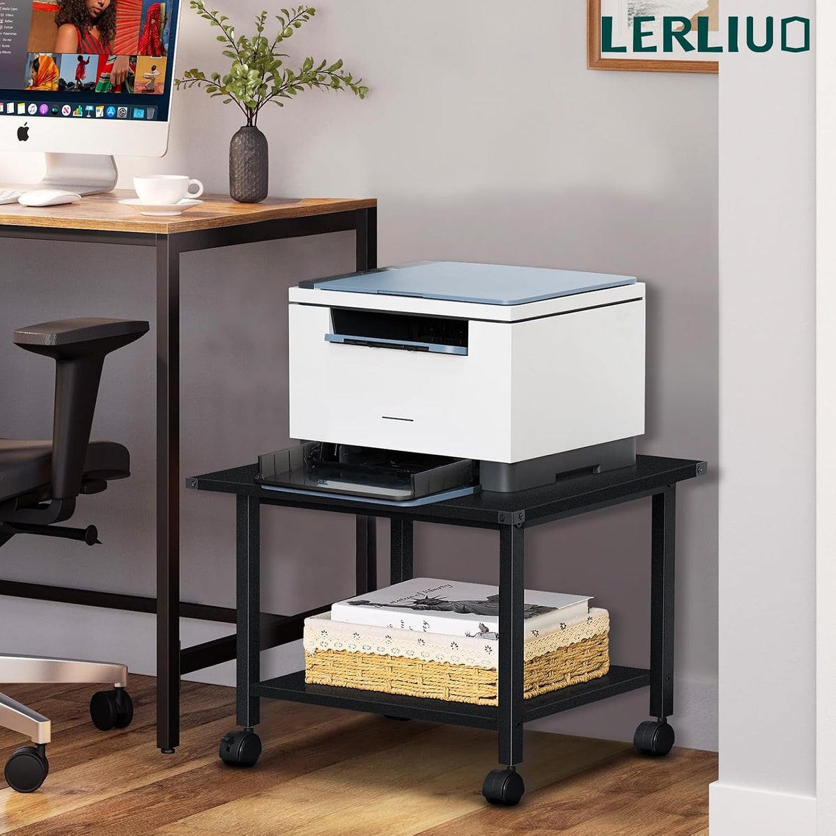 Lerliuo Under Desk Printer Stand, 2-Tier Industrial Mobile Printer