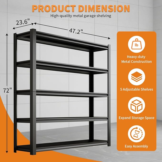 Dyoung 47.2" W Garage Storage Shelves Adjustable 5 Tier Metal Shelves Heavy - Image 3