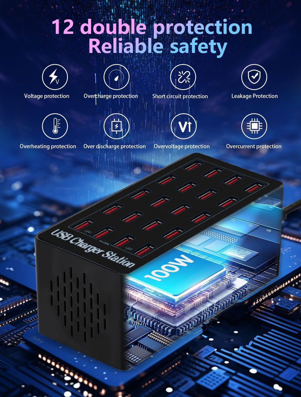 USB Charging Station,100W 20-Port Multi Smart Safety Fast Charger