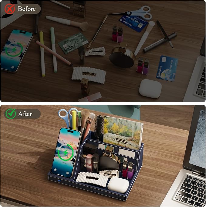 TopMade Wireless Charger Desk Organizer, Leather Multi-Functional Office - Image 2