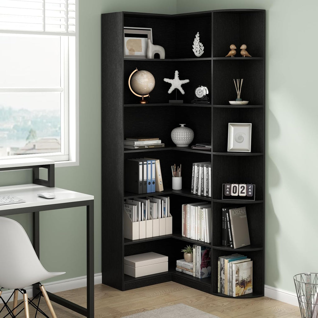 6-Tier Black Corner Bookshelf, 70.87" Tall L-Shaped Bookcase