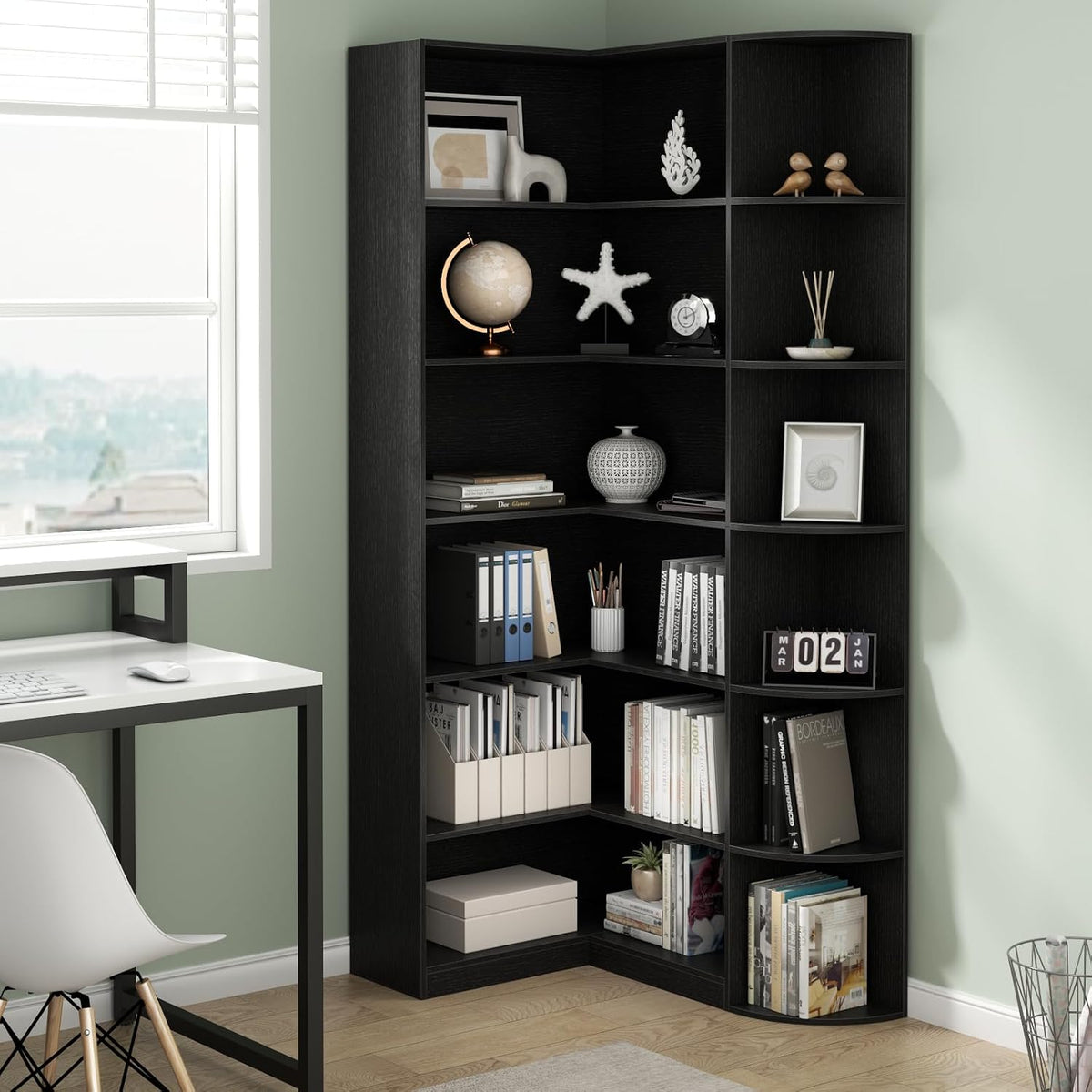 6-Tier Black Corner Bookshelf, 70.87" Tall L-Shaped Bookcase