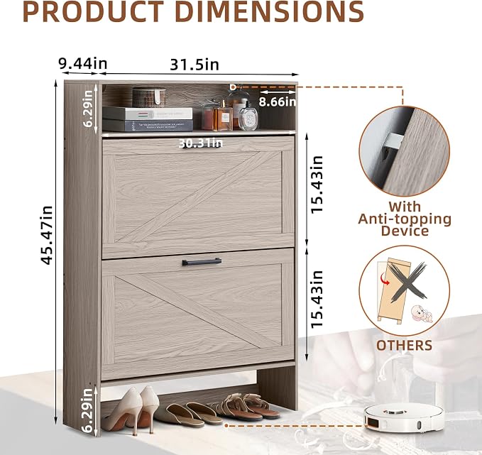 Shoe Storage Cabinet with 2 Flip Drawers, Farmhouse Narrow Shoe Organizer with - Image 2