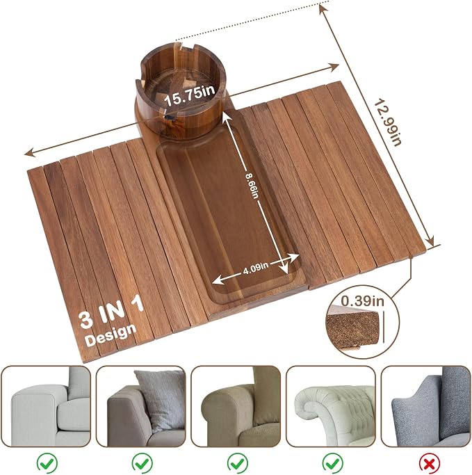 Couch Cup Holder for Thin Armrest Wider Than 4.9'', Acacia Wood Couch Arm Tray - Image 2