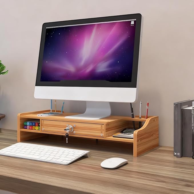 Computer Monitor Stand, Wooden Desktop Organizer Shelf - Image 3