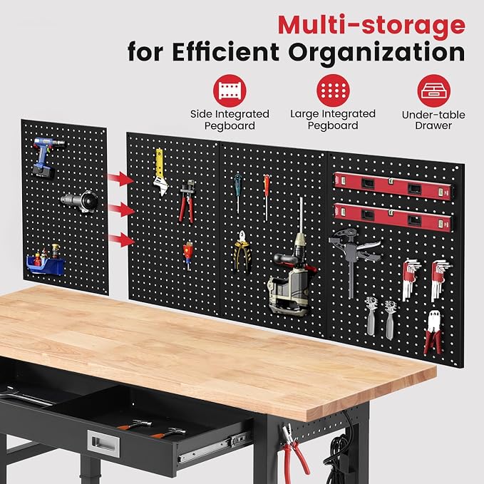 Work Bench for Garage with Drawers 60 x 22 Inch Heavy Duty Rubberwood Tabletop - Image 3