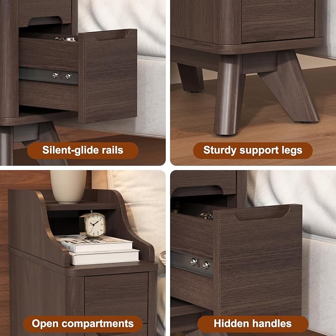 Narrow Nightstand with Drawers, Wood Night Stand with Charger Station, Narrow - Image 5