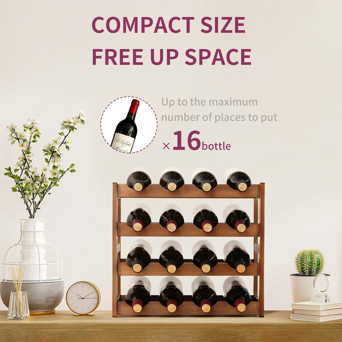 Wine Rack Storage,Bamboo Wine Racks Cabinet Shelf,4-Tier 16 Bottles