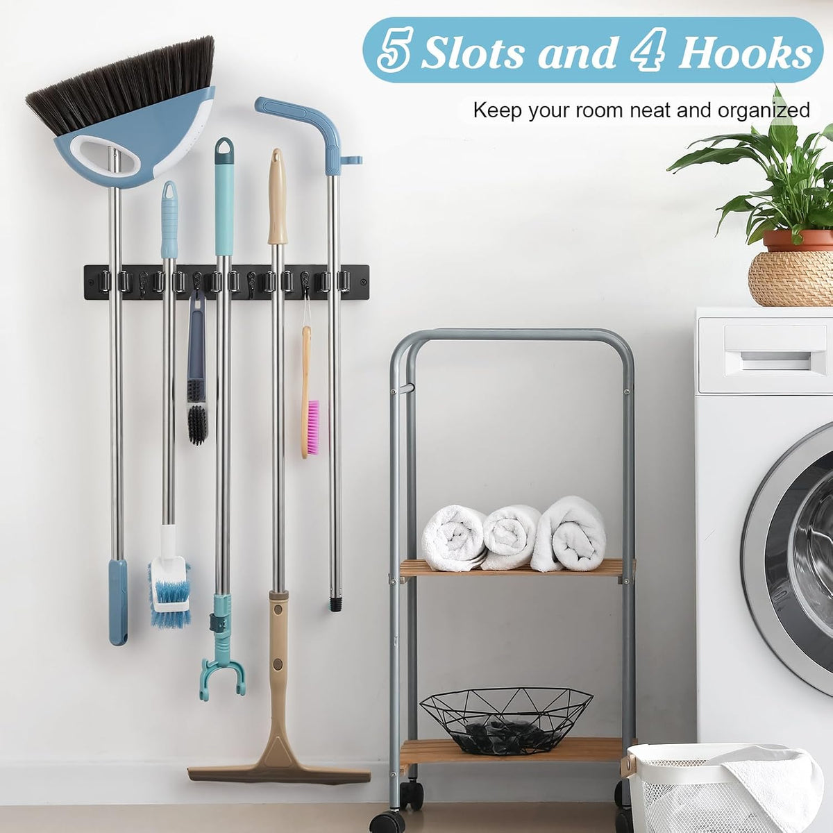 Black Broom Holder Wall Mount - Heavy Duty Wood Mop and Broom
