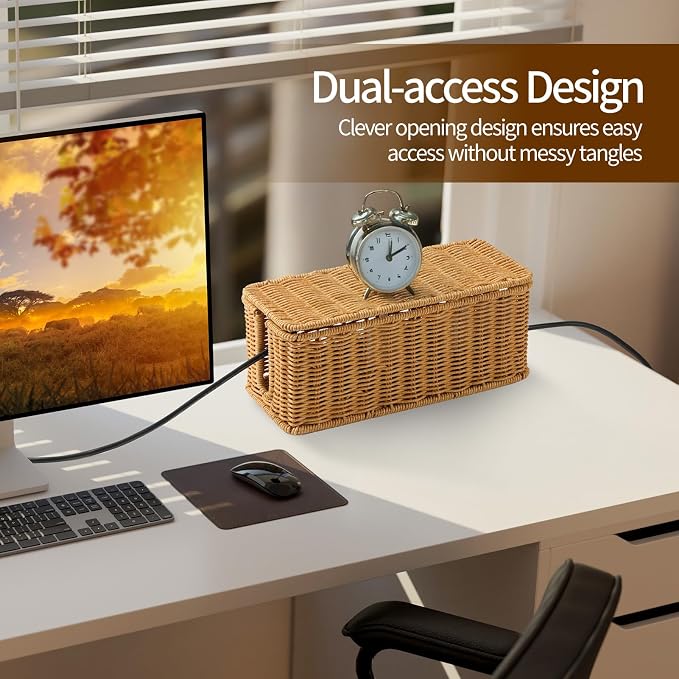 Delamu Handmade Rattan Small Cable Management Box, Cord Organizer - Image 3