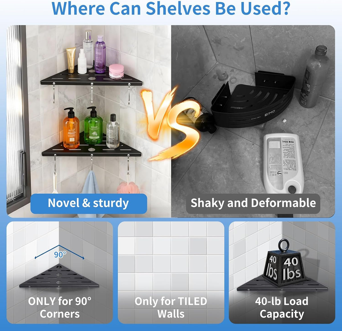 2Pack Corner Shower Shelf 10" 304 Steel 6Hooks 40Lb Duty Drill-Mount