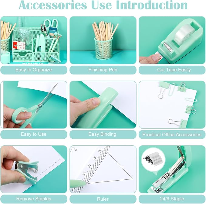 Green Desk Organizers and Accessories, Teal Office Supplies Set Green Mesh Desk - Image 4
