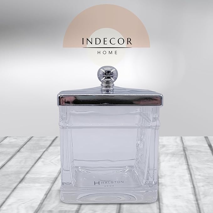 Apothecary Glass Cotton Jar Holder Silver Stainless Steel Lid, Elegant Bathroom - Image 2