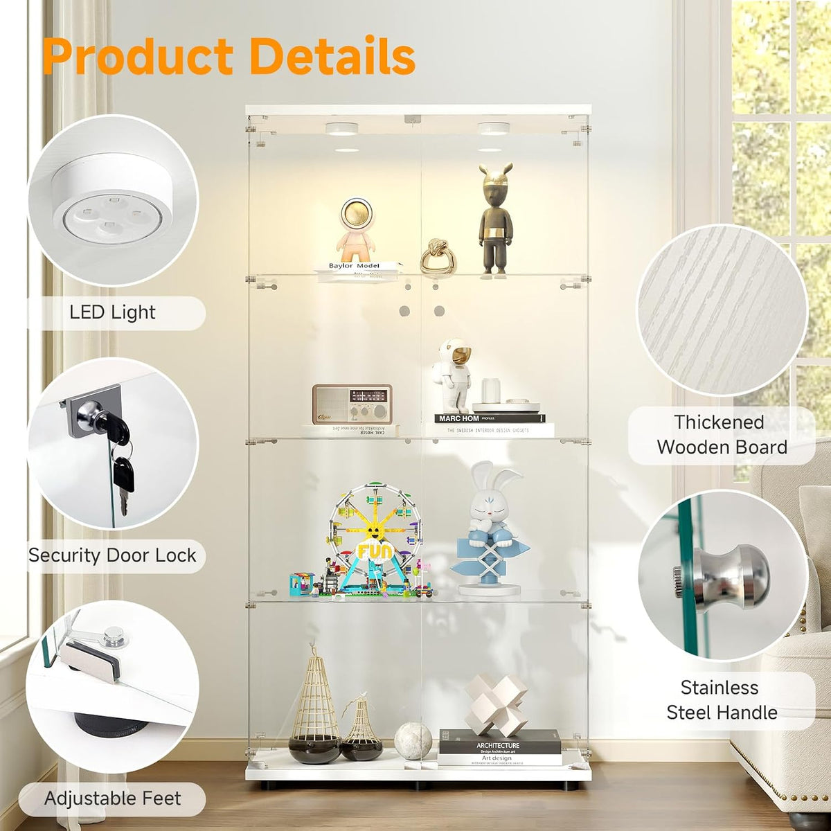 Zevemomo 4-Tier Glass Display Cabinet with Lights, Double Door, White