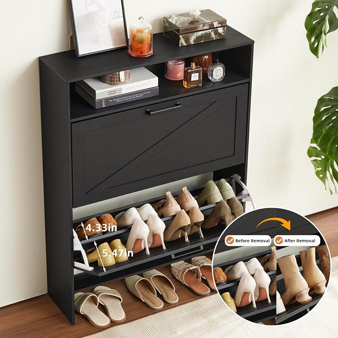 Shoe Storage Cabinet with 2 Flip Drawers, Farmhouse Narrow Shoe Organizer with - Image 3